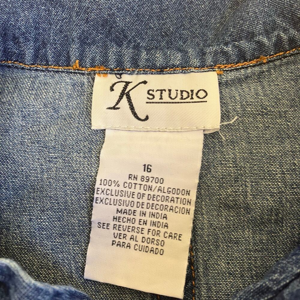 K Studio Sz 16 Vtg 90s Button-front Denim Shirt Floral Embroidery Slit at Back - Picture 11 of 16